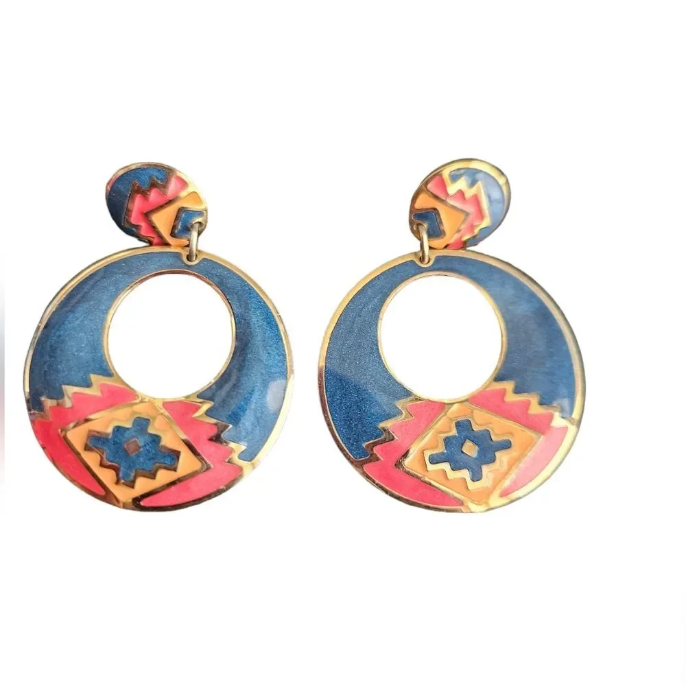 Vintage 1980s Southwestern Aztec Enamel Geometric Style Dangle Earrings